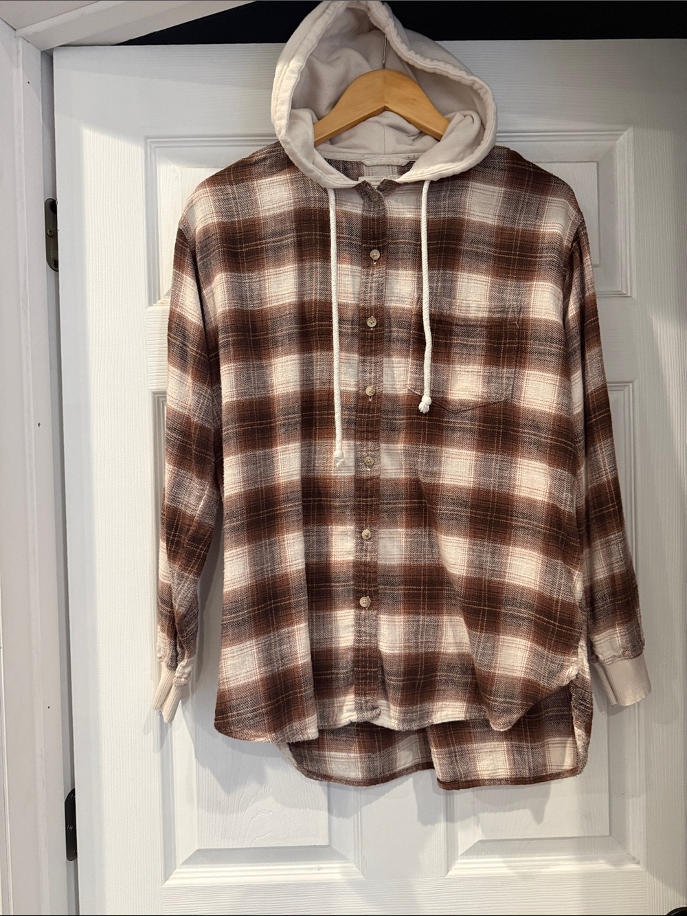 American Eagle Outfitters Brown Plaid Hooded Button-Down Shirt